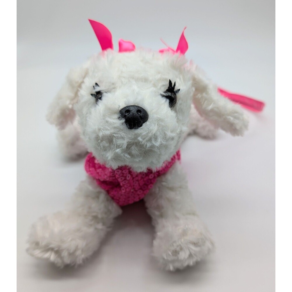 Poochie & Co Poodle Puppy Dog Purse Sequined Pink Plush Stuffed Animal White